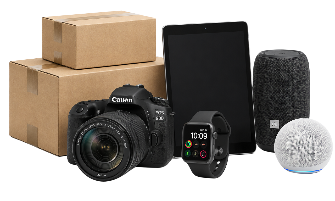 Appareil photo, montre, tablette et enceintes prêts à être vendus